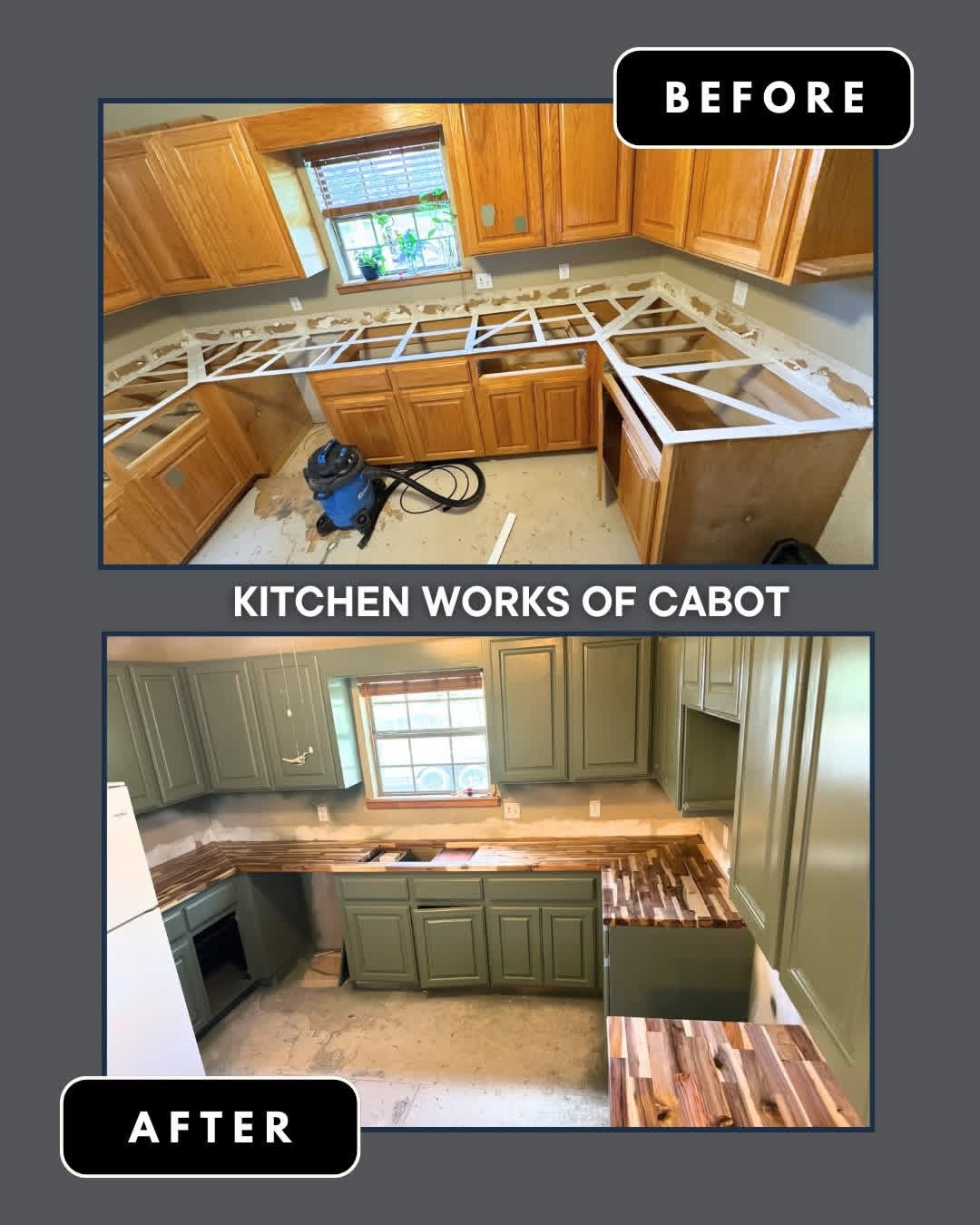 Before and after: bare cabinets, then finished butcher block countertops